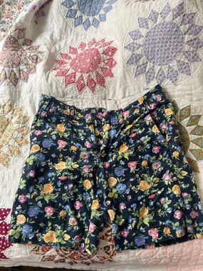 Ralph Lauren Beige Shorts with Navy Trim and Multicolor Floral Lining